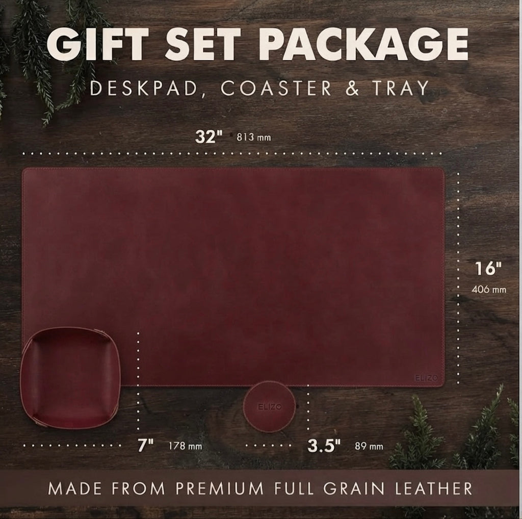 Executive Smooth Leather Desk Mat Gift Set (16x32") – Handcrafted Full Grain Leather Desk Pad with Matching Valet Tray & Coaster | Personalised Workspace Gift