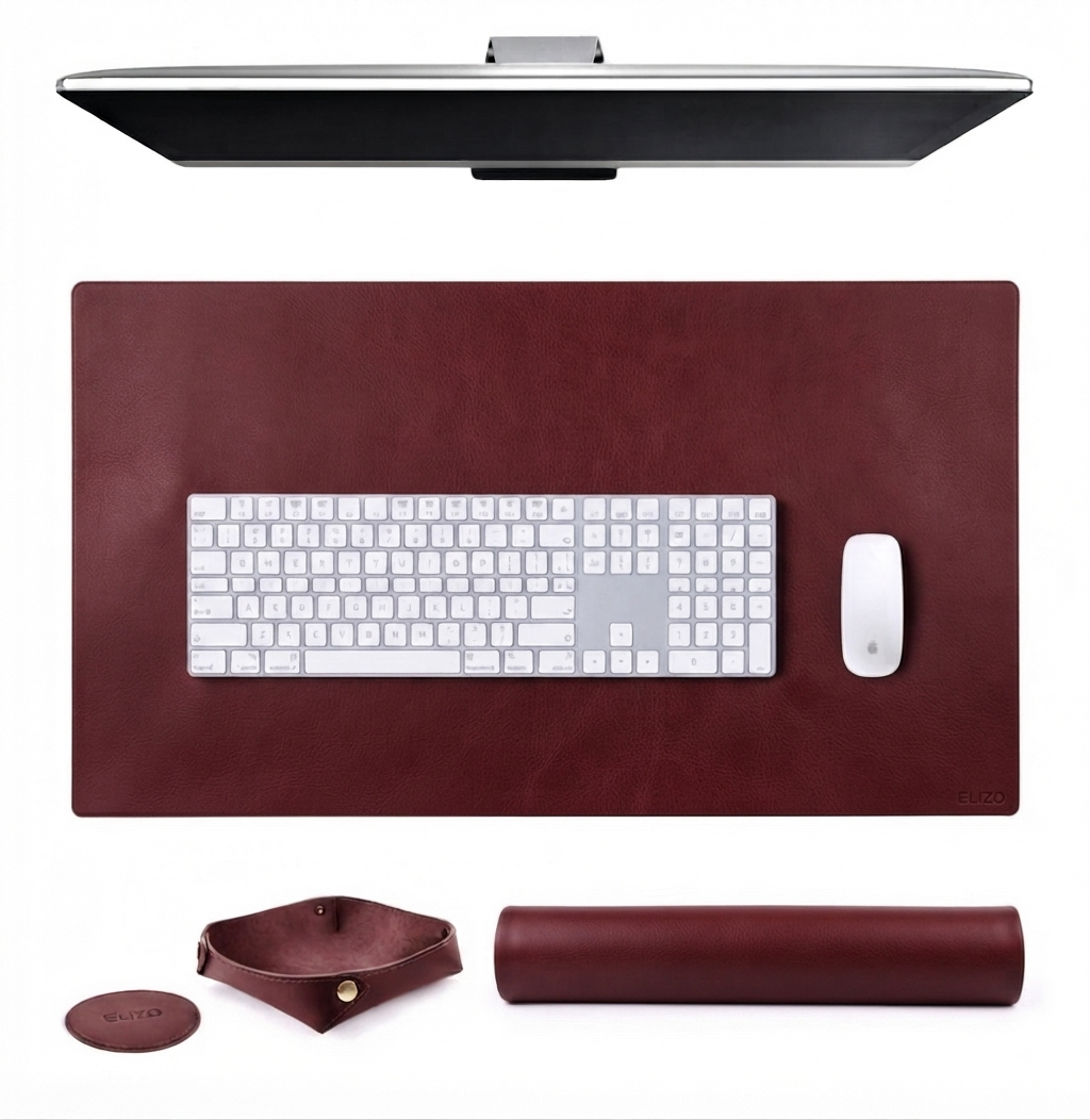 Executive Smooth Leather Desk Mat Gift Set (16x32") – Handcrafted Full Grain Leather Desk Pad with Matching Valet Tray & Coaster | Personalised Workspace Gift
