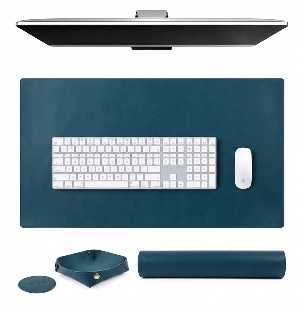 Executive Smooth Leather Desk Mat Gift Set (16x32") – Handcrafted Full Grain Leather Desk Pad with Matching Valet Tray & Coaster | Personalised Workspace Gift