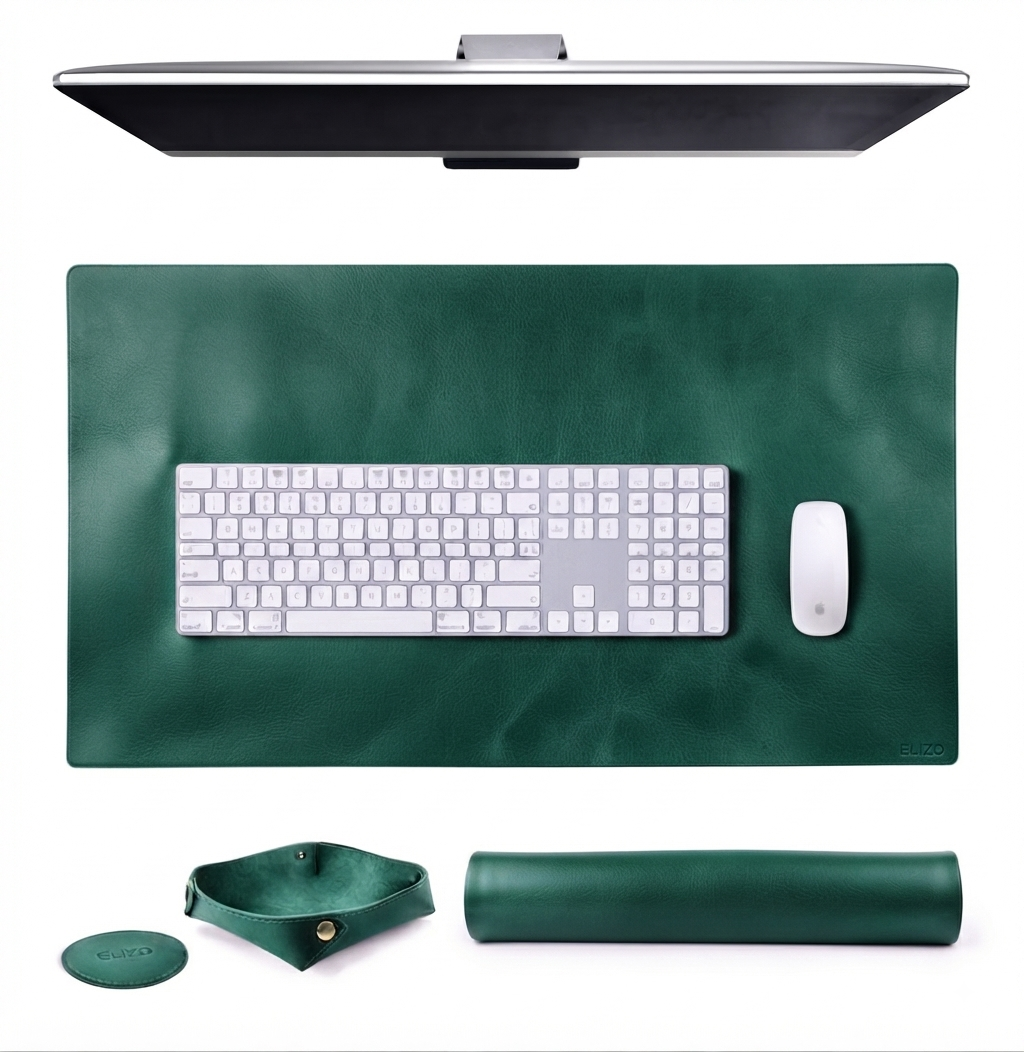 Executive Smooth Leather Desk Mat Gift Set (16x32") – Handcrafted Full Grain Leather Desk Pad with Matching Valet Tray & Coaster | Personalised Workspace Gift
