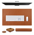 Executive Smooth Leather Desk Mat Gift Set (16x32") – Handcrafted Full Grain Leather Desk Pad with Matching Valet Tray & Coaster | Personalised Workspace Gift
