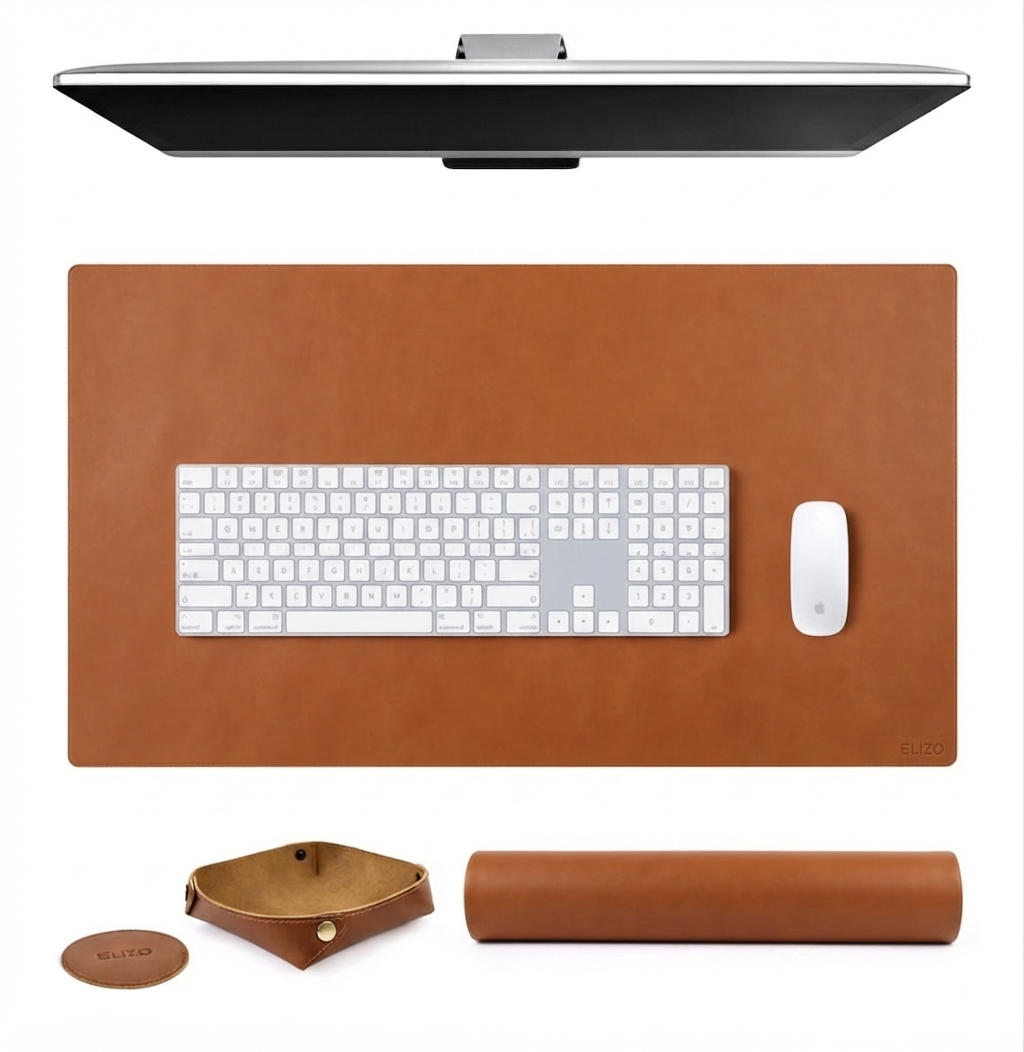 Executive Smooth Leather Desk Mat Gift Set (16x32") – Handcrafted Full Grain Leather Desk Pad with Matching Valet Tray & Coaster | Personalised Workspace Gift