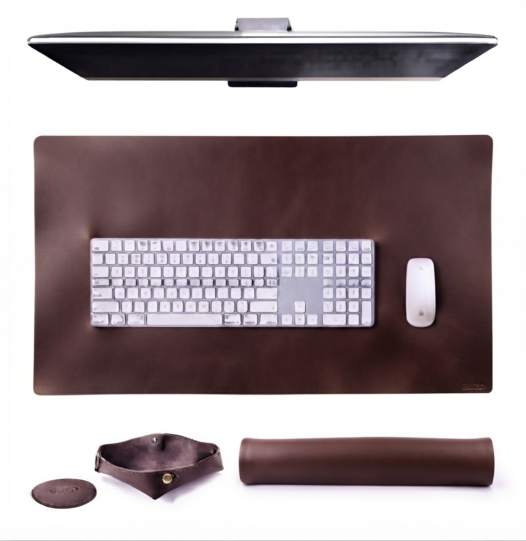 Executive Smooth Leather Desk Mat Gift Set (16x32") – Handcrafted Full Grain Leather Desk Pad with Matching Valet Tray & Coaster | Personalised Workspace Gift