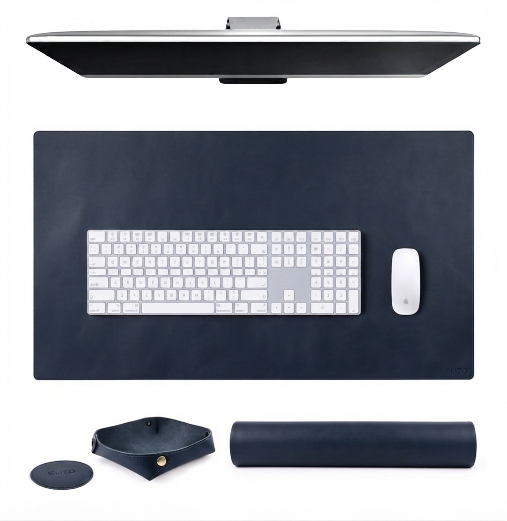 Executive Smooth Leather Desk Mat Gift Set (16x32") – Handcrafted Full Grain Leather Desk Pad with Matching Valet Tray & Coaster | Personalised Workspace Gift