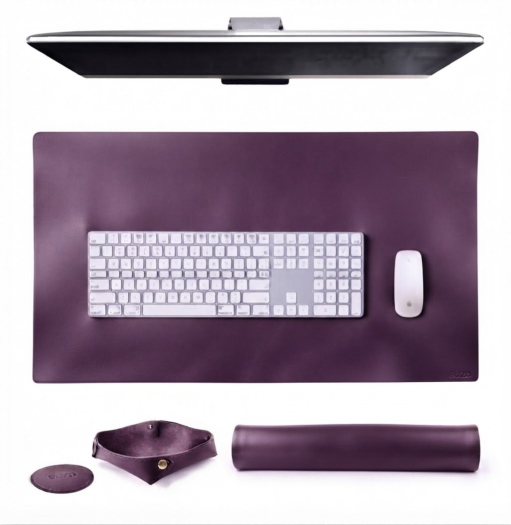 Executive Smooth Leather Desk Mat Gift Set (16x32") – Handcrafted Full Grain Leather Desk Pad with Matching Valet Tray & Coaster | Personalised Workspace Gift