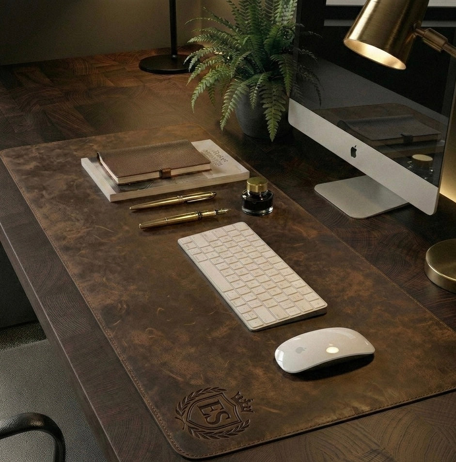 Tobacco Full Grain Leather desk mat wit free personalisation for home offices.
