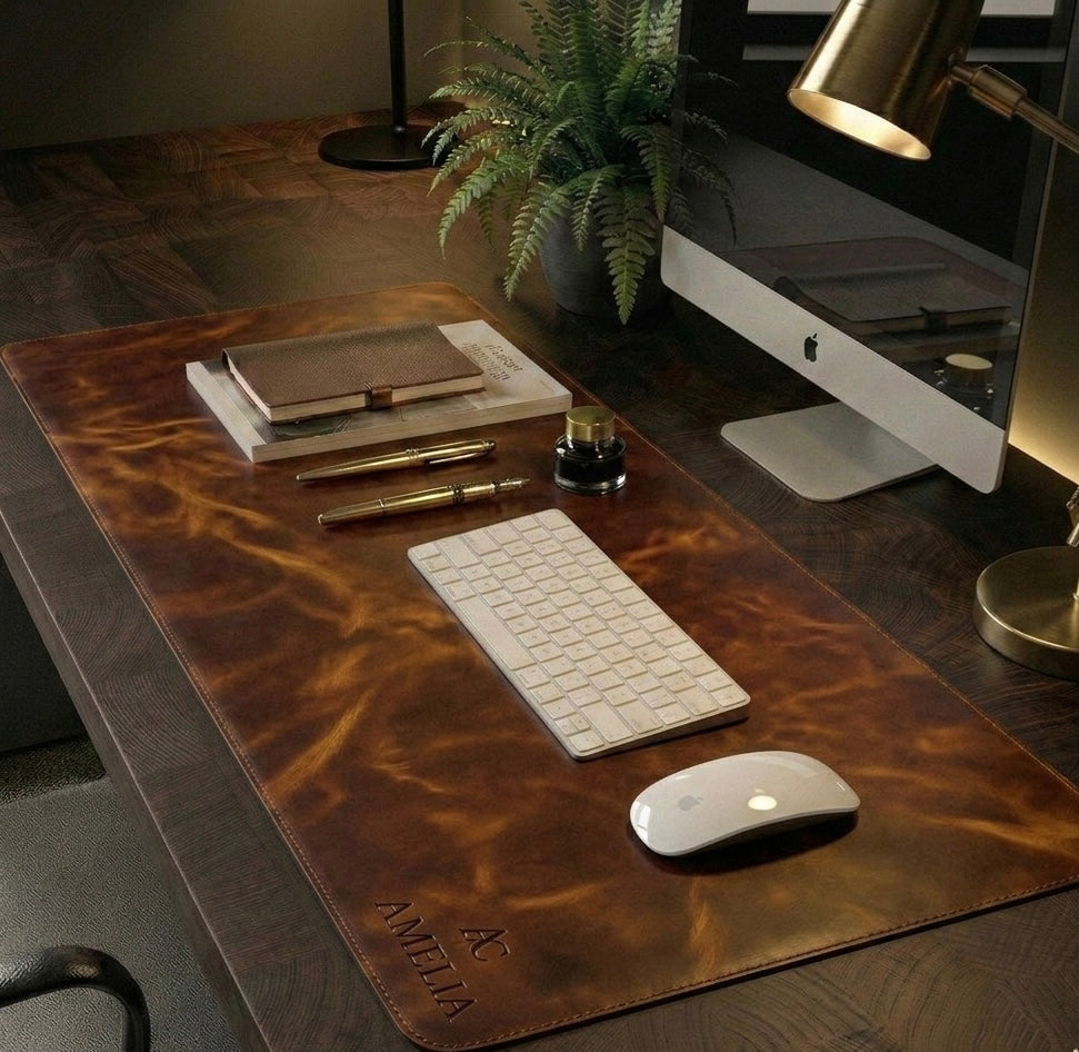 Deep whiskey pull up Leather desk mat Full Grain with free personalisation