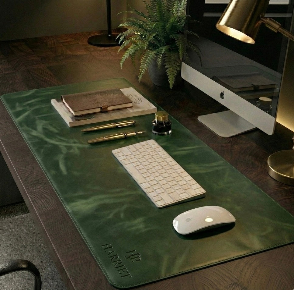 Mustang Green pull up Leather desk mat Full Grain with free personalisation