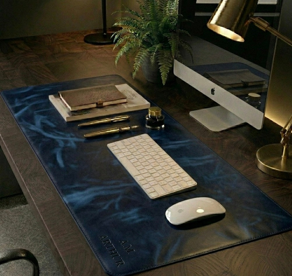 Midnight blue pull up Leather desk mat Full Grain with free personalisation