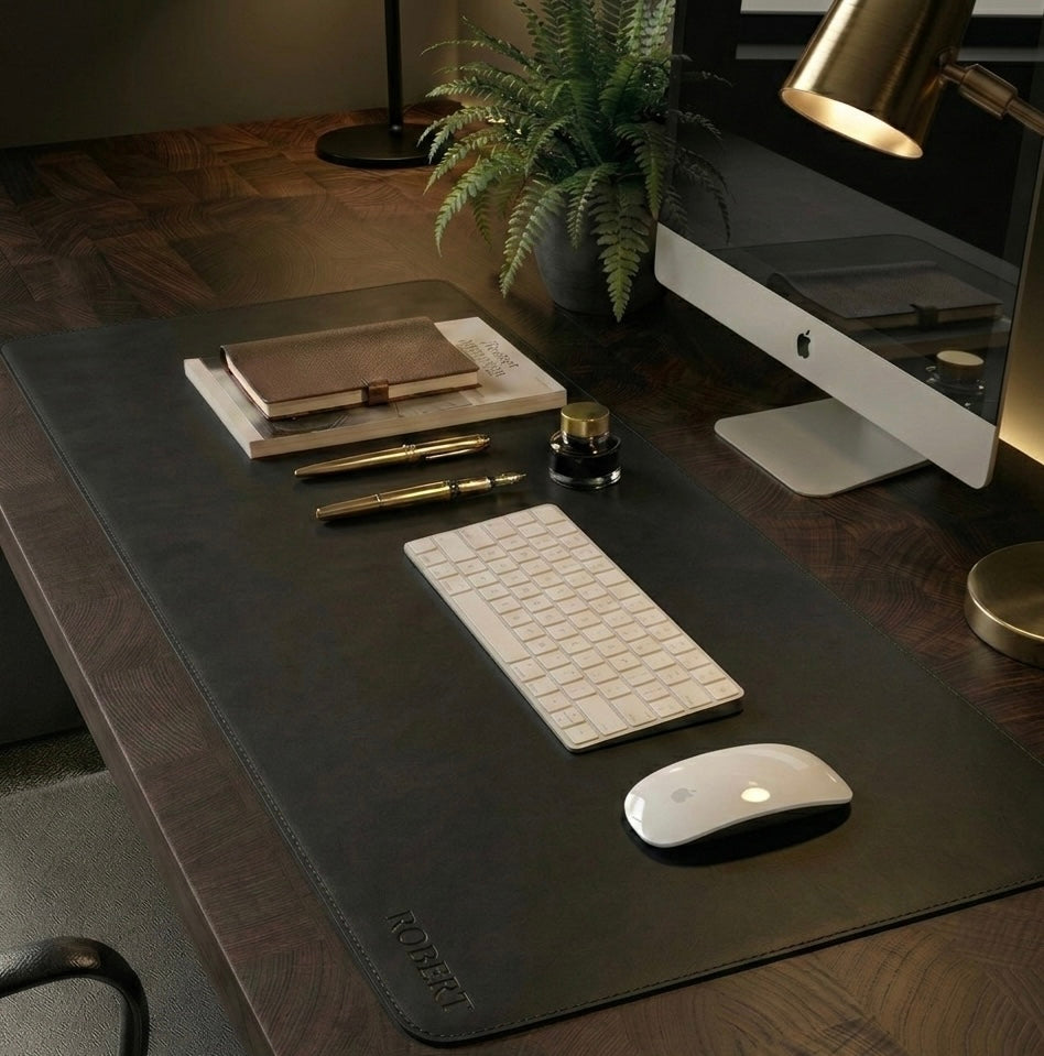 Black Full Grain premium Leather desk mat with free personalisation for home office.