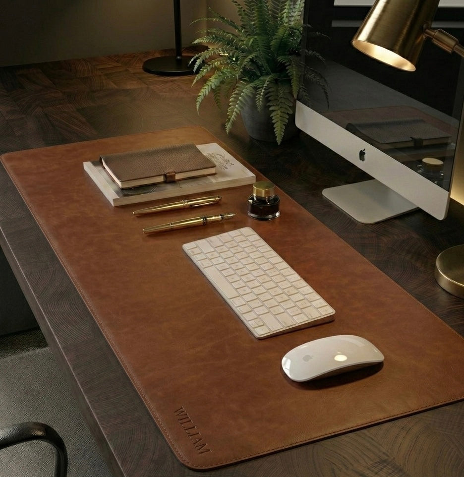 Brown Full Grain premium Leather desk mat with free personalisation for home office.
