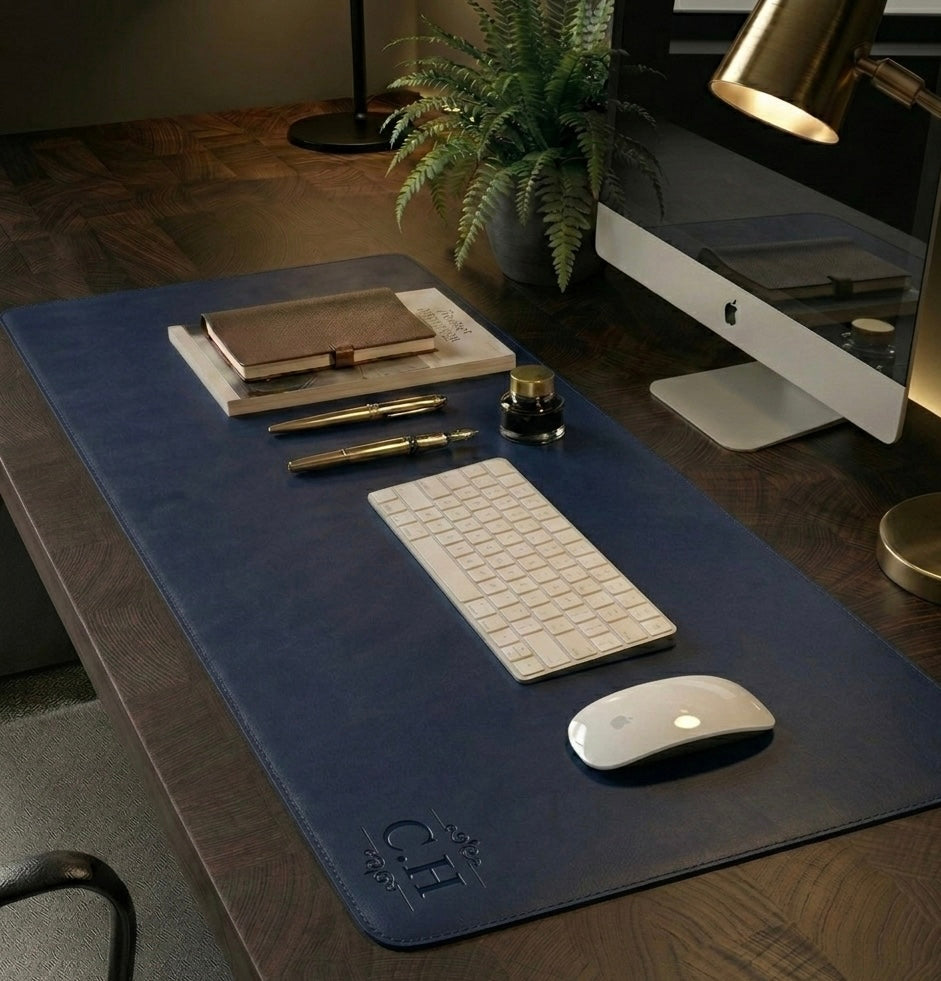 Navy Blue Full Grain premium Leather desk mat with free personalisation for home office.
