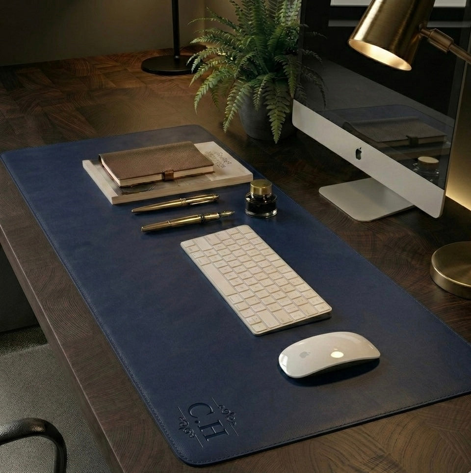 Midnight blue Full grain premium leather desk mat with free personalisation for home offices.