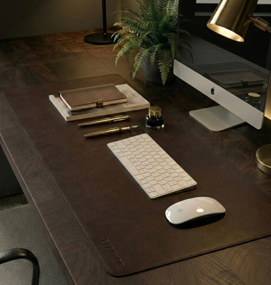 Dark Chocolate Full Grain premium Leather desk mat with free personalisation for home office.