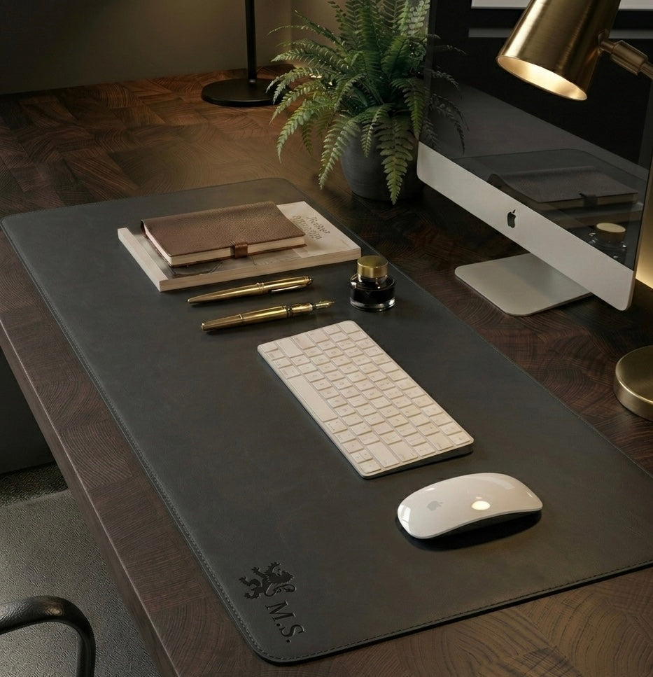 Charcoal Full Grain premium Leather desk mat with free personalisation for home office.