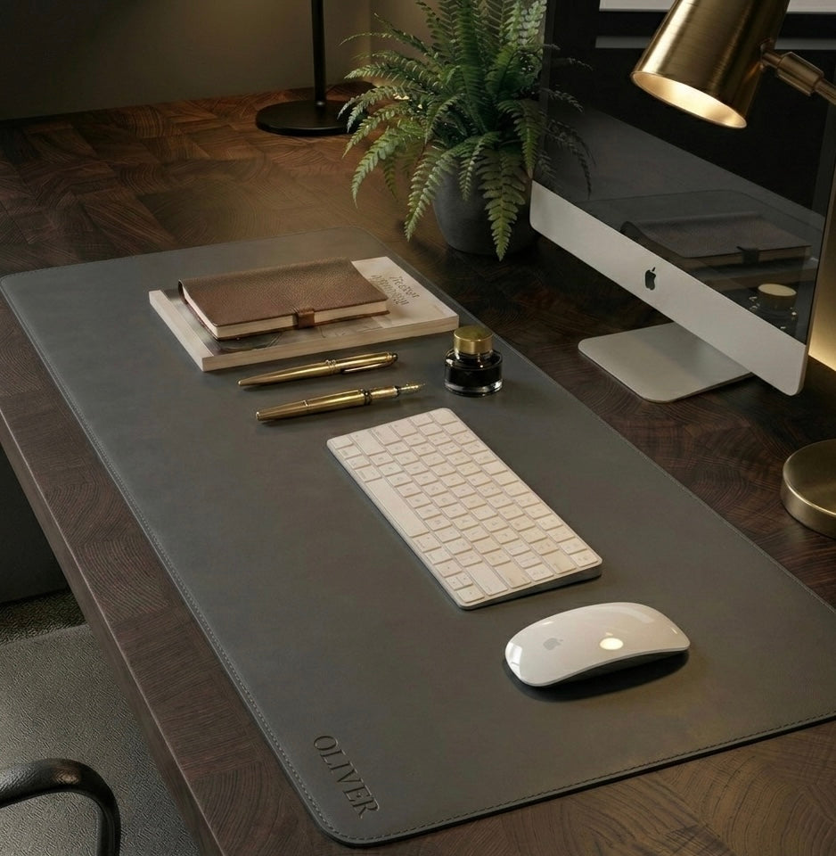 Dark Grey Full Grain premium Leather desk mat with free personalisation for home office.