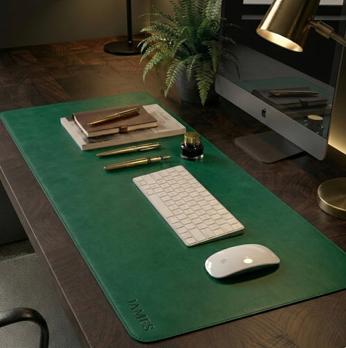 Emerald Green Full Grain Leather desk mat with free personalisation for home office.