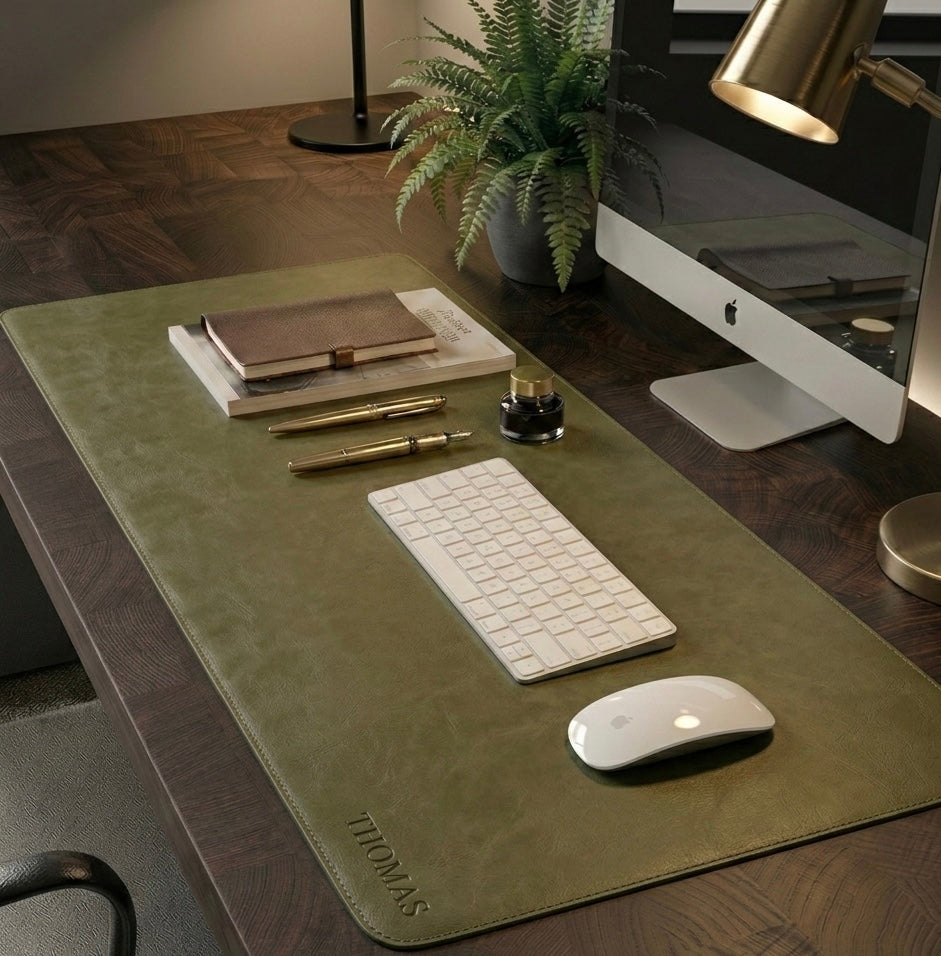 Olive Full Grain Leather desk mat with free personalisation for home office.