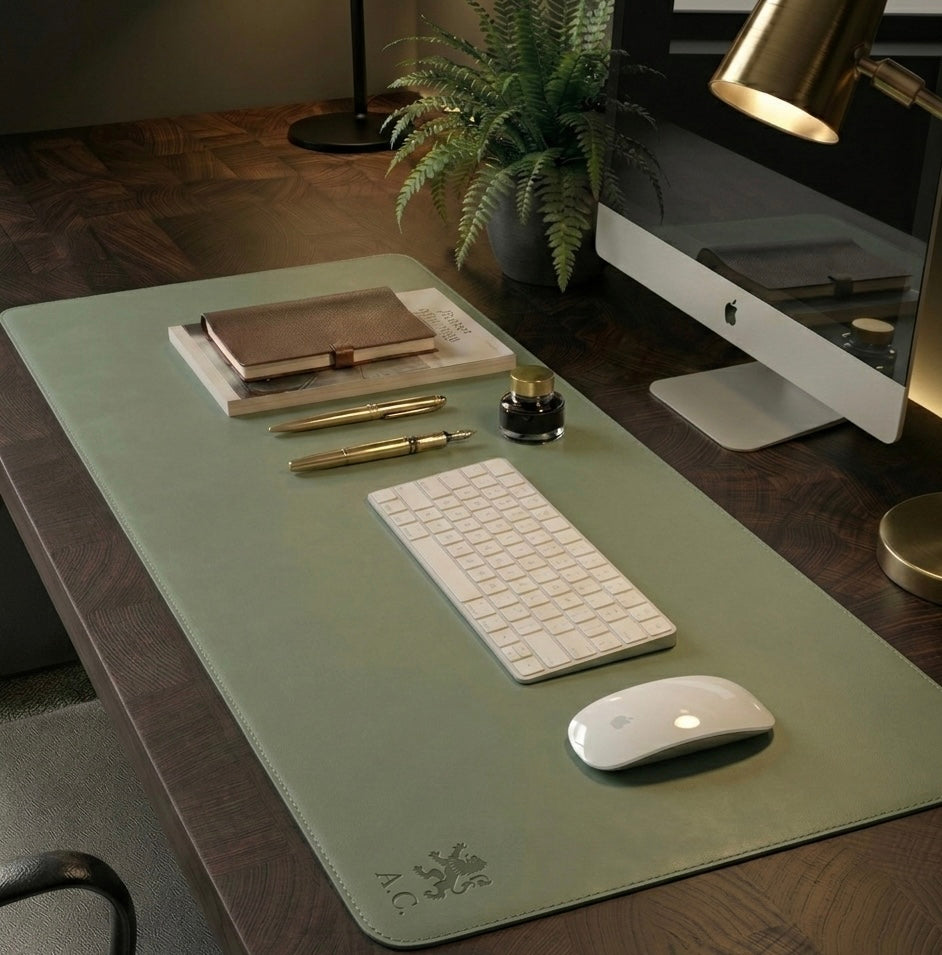 Sage Green Full Grain Leather desk mat with free personalisation for home office.