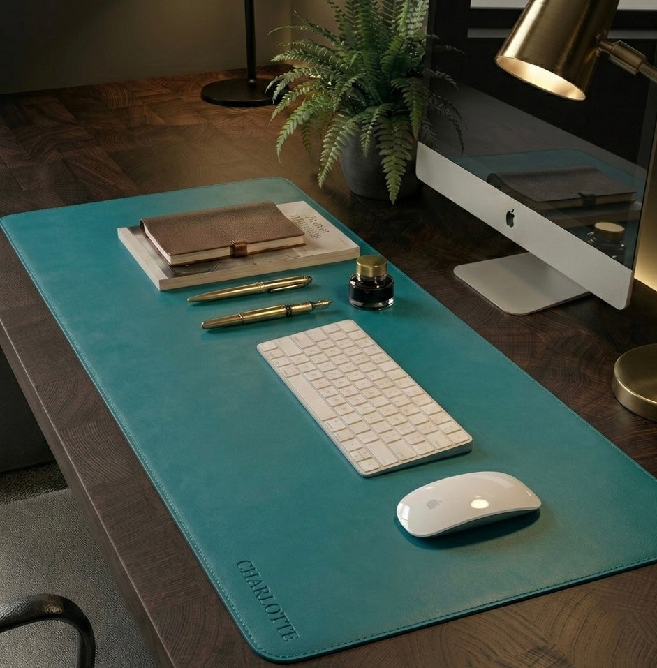 Teal Full Grain Leather desk mat with free personalisation for home office.