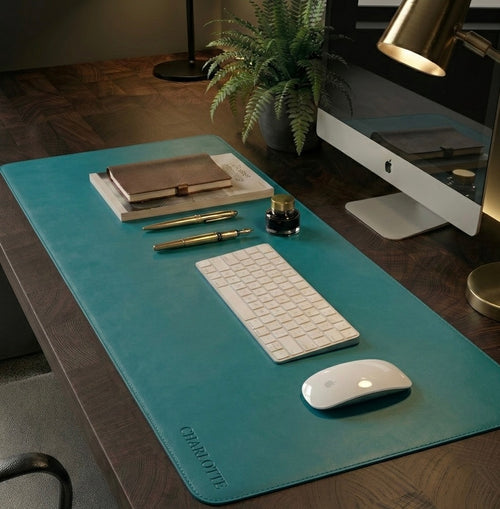 Teal Full Grain Leather desk mat with free personalisation for home office.