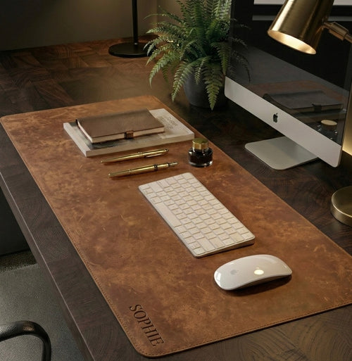 Antiqued Tan Full Grain Leather Desk Mat with free personalisation for home offices