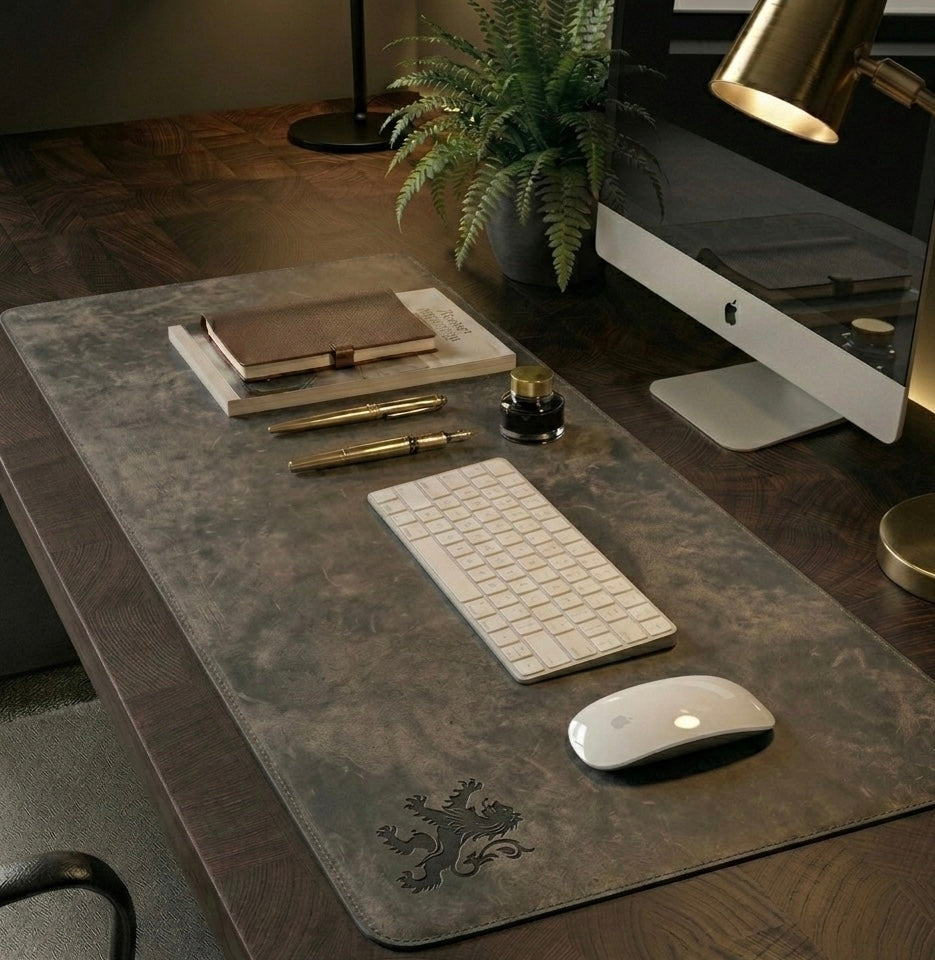 Gaucho Grey Full Grain Leather Desk Mat with free personalisation for home offices