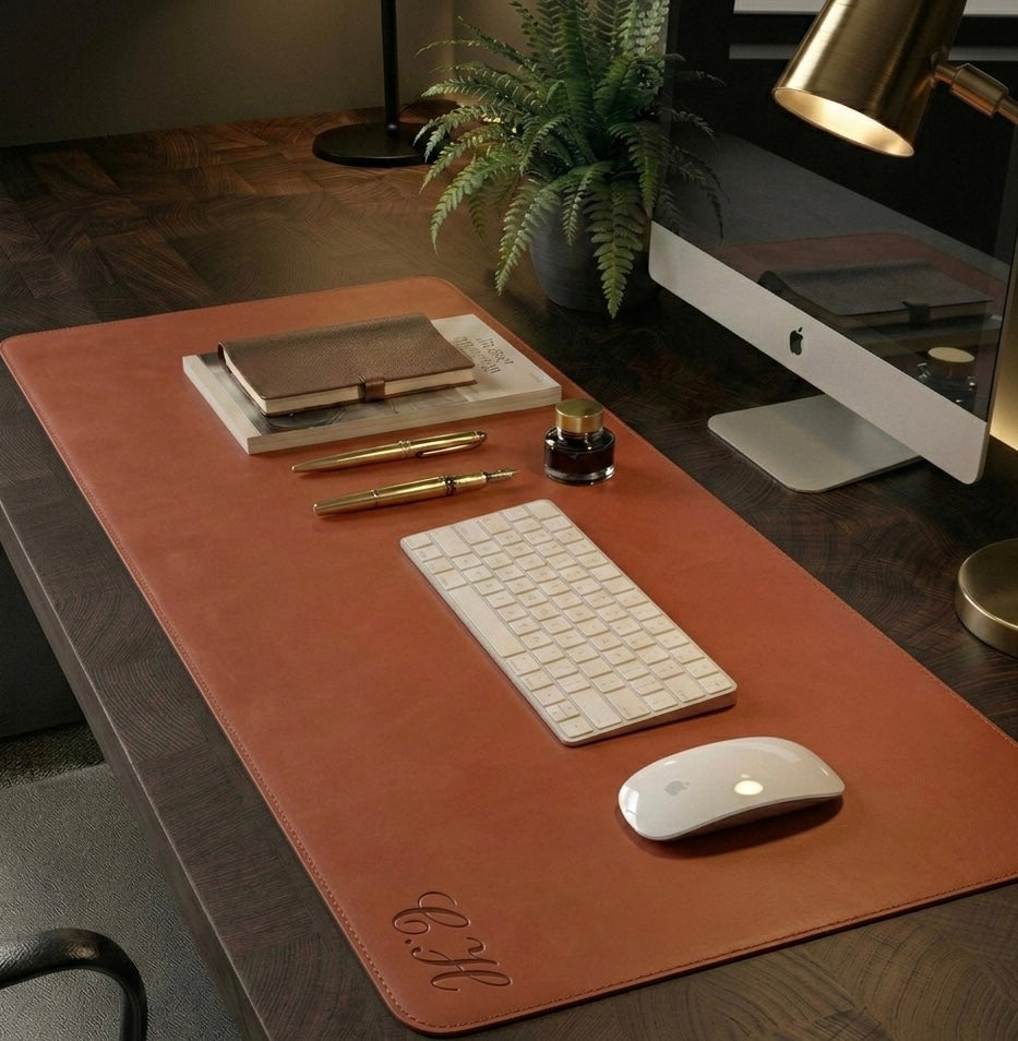 Terracotta Full grain premium leather desk mat with free personalisation for home offices.