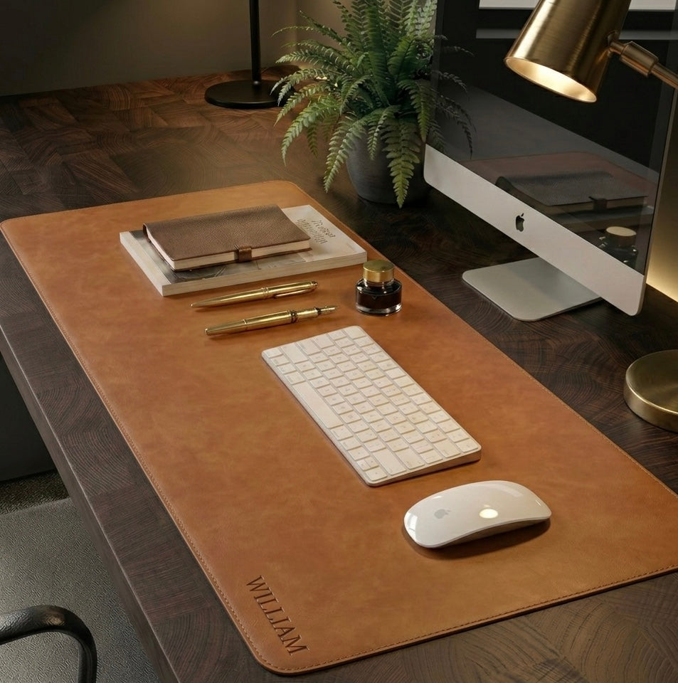 Brown Full grain premium leather desk mat with free personalisation for home offices.