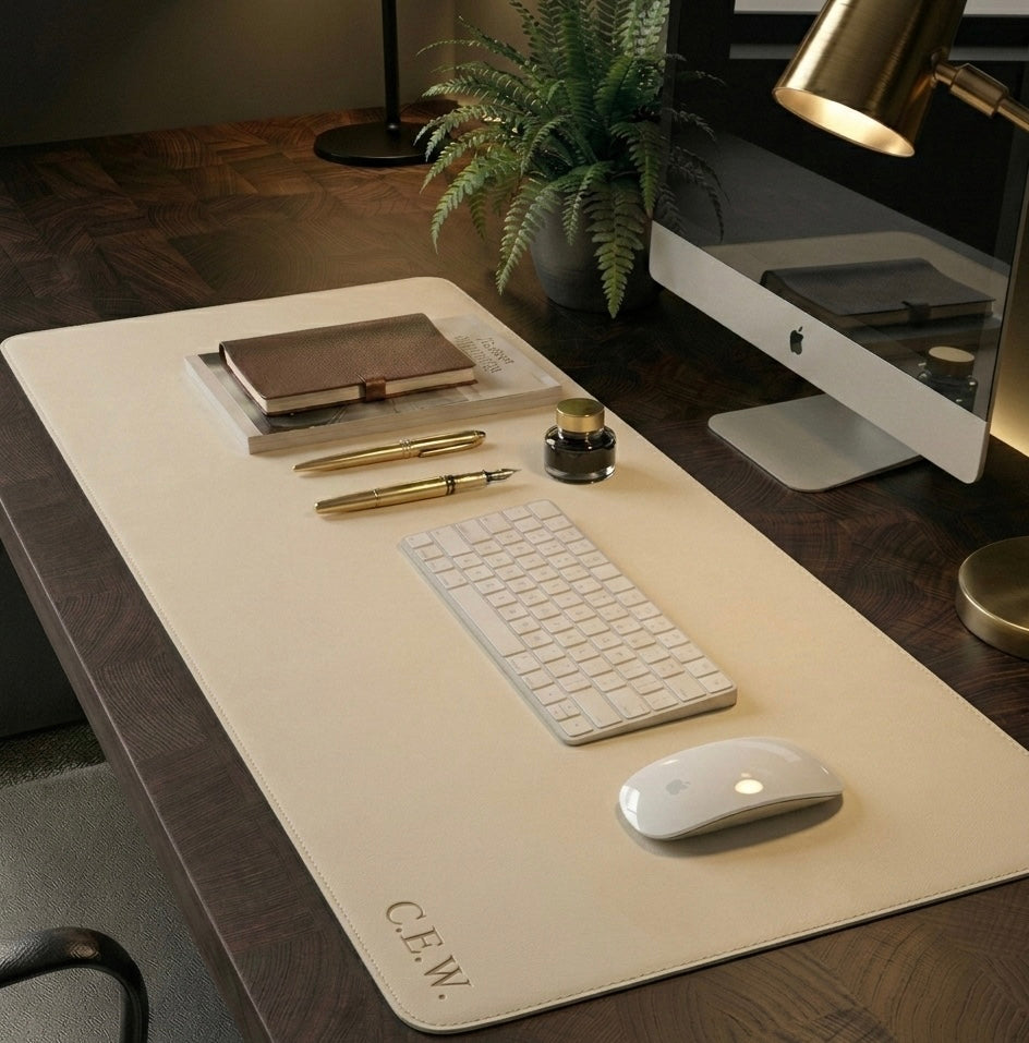Cream Full grain premium leather desk mats with free Personalisation for home offices.