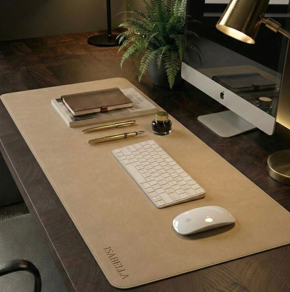 Sand Full grain premium leather desk mats with free Personalisation for home offices.