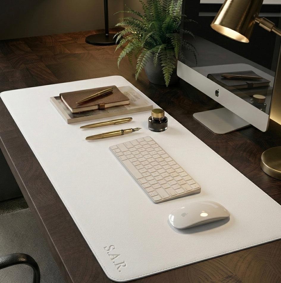 White Full grain premium leather desk mats with free Personalisation for home offices.