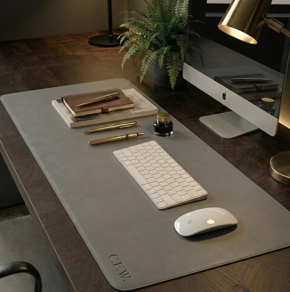Grey Full grain premium leather desk mats with free Personalisation for home offices.