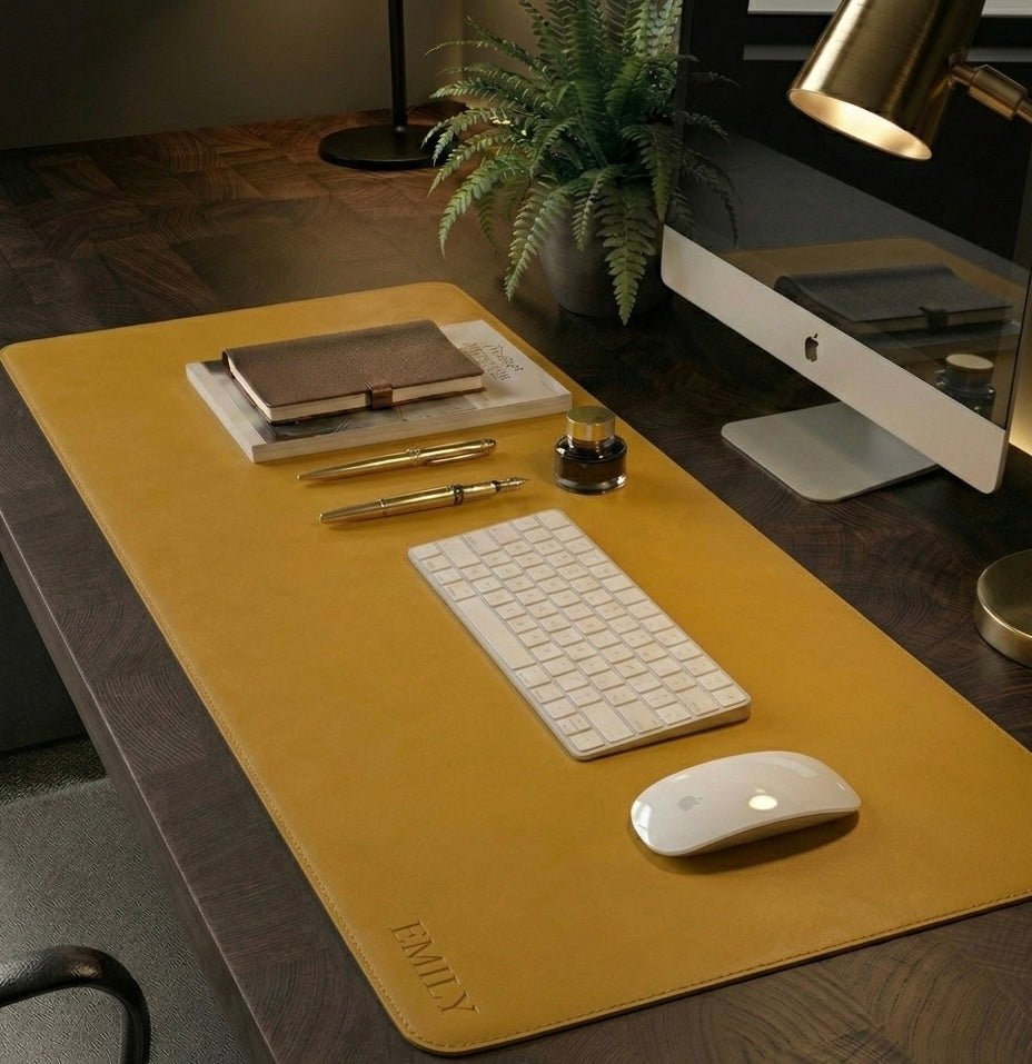 Mustard Yellow Full grain premium leather desk mat with free personalisation for home offices.
