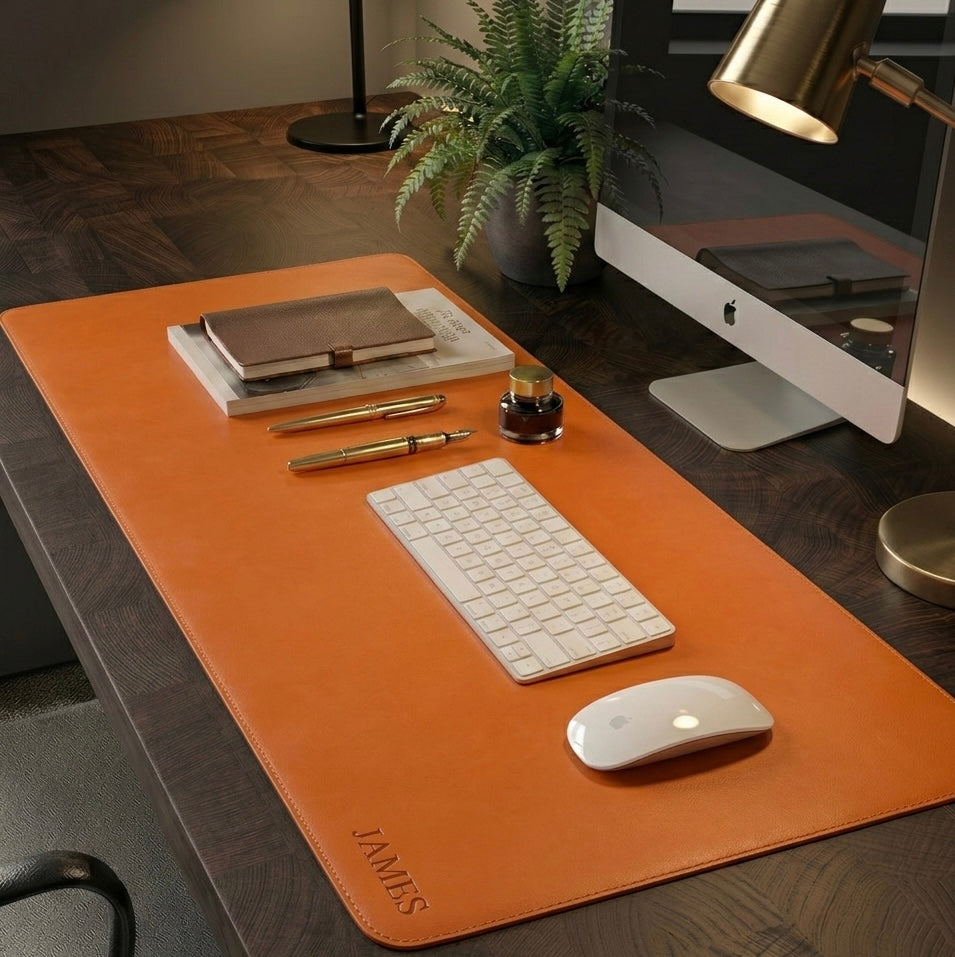 Orange Full grain premium leather desk mat with free personalisation for home offices.