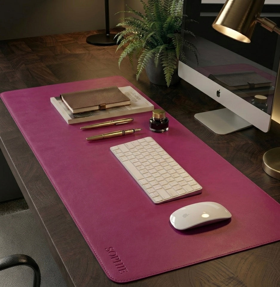 Magenta Full grain premium leather desk mat with free personalisation for home offices.