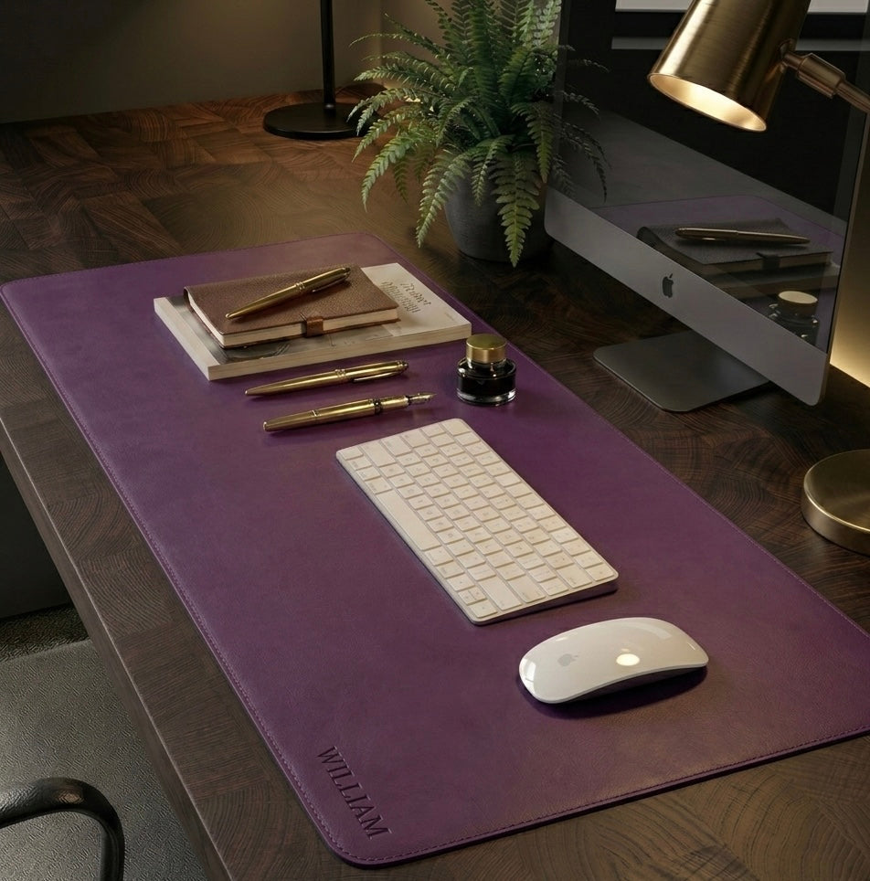 Purple Full grain premium leather desk mat with free personalisation for home offices.