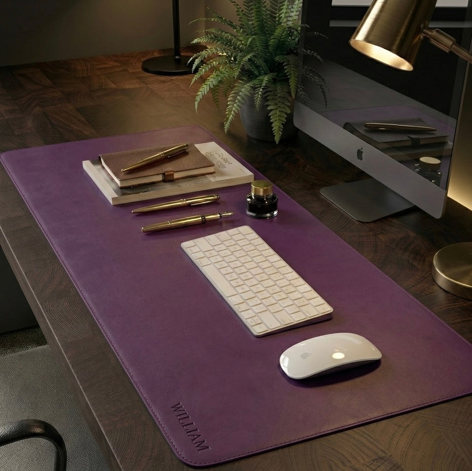 Purple Full grain premium leather desk mat with free personalisation for home offices.