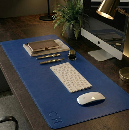 Blue Full grain premium leather desk mat with free personalisation for home offices.