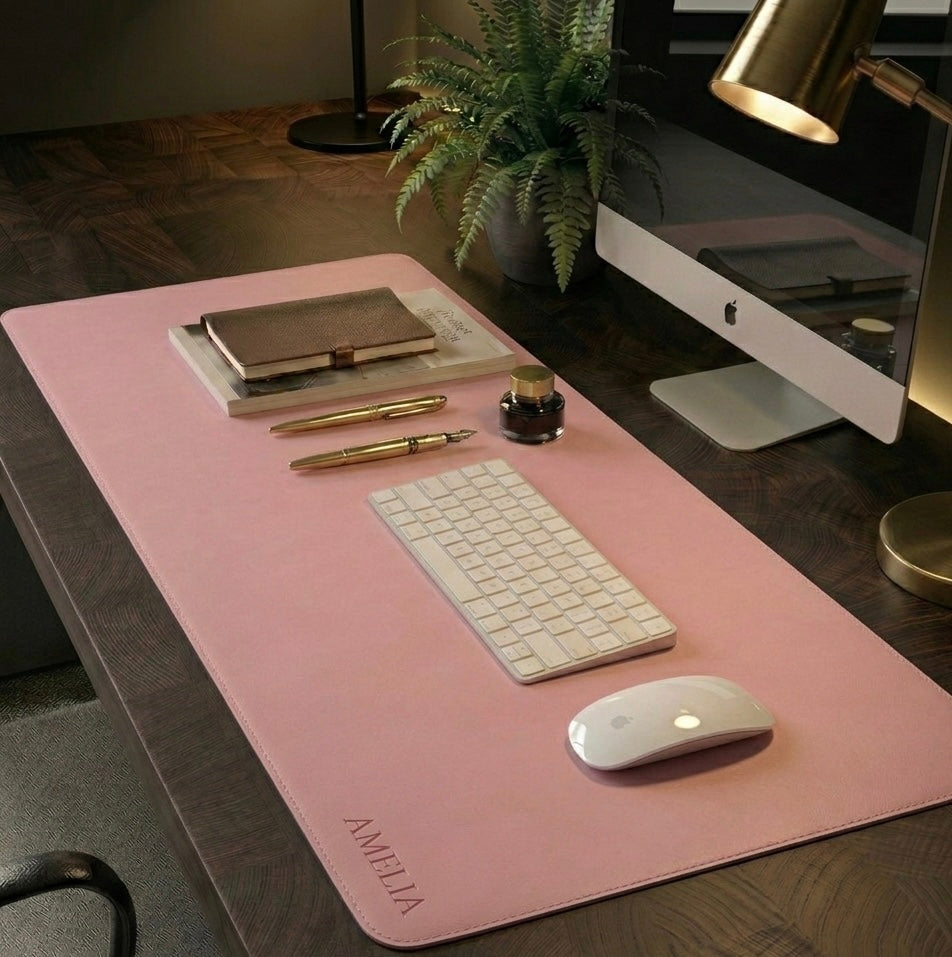 Pink Full grain premium leather desk mat with free personalisation for home offices.