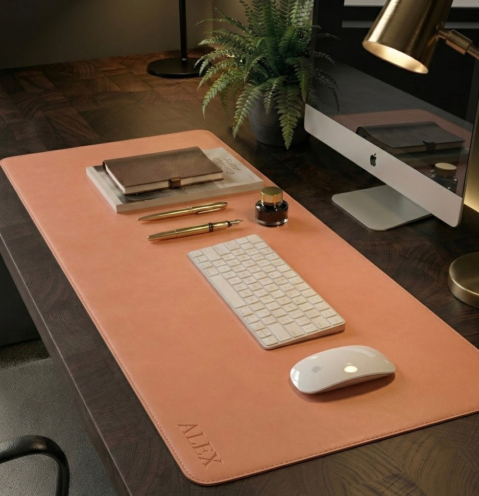 Peach Full grain premium leather desk mat with free personalisation for home offices.
