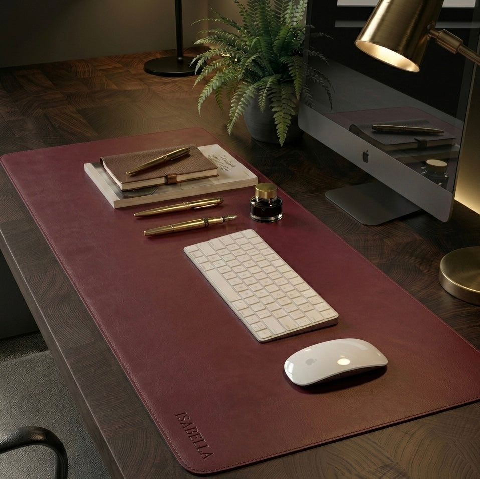 Burgundy Full grain premium leather desk mat with free personalisation for home offices.