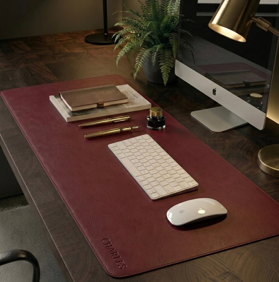 Maroon Full grain premium leather desk mat with free personalisation for home offices.