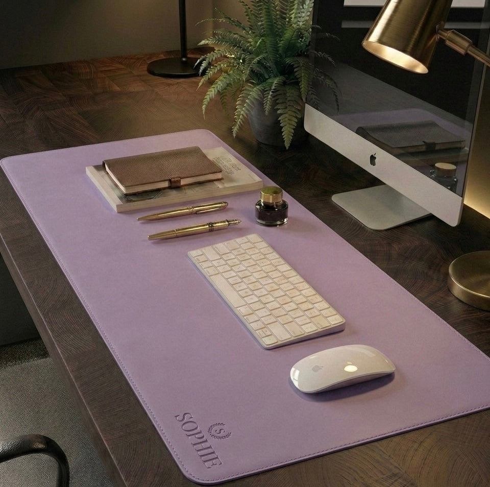 Lavender Full grain premium leather desk mat with free personalisation for home offices.